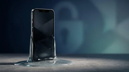 Smartphone moderne dans une composition minimaliste évoquant la cybersécurité et la protection numérique