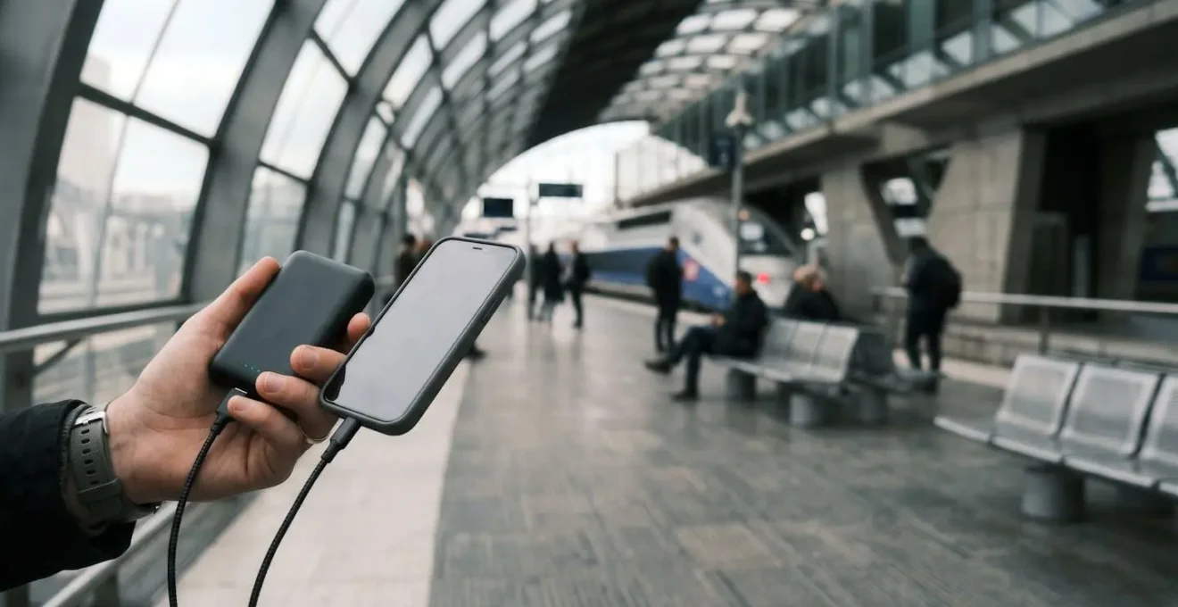Personne consultant son smartphone en déplacement avec une batterie externe dans un environnement urbain français