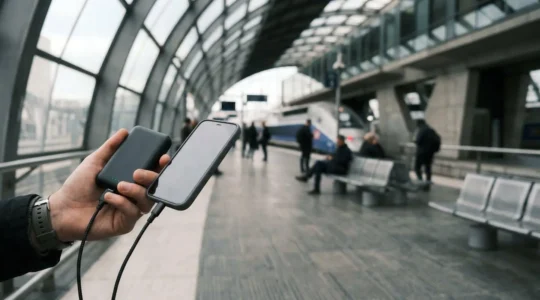 Personne consultant son smartphone en déplacement avec une batterie externe dans un environnement urbain français
