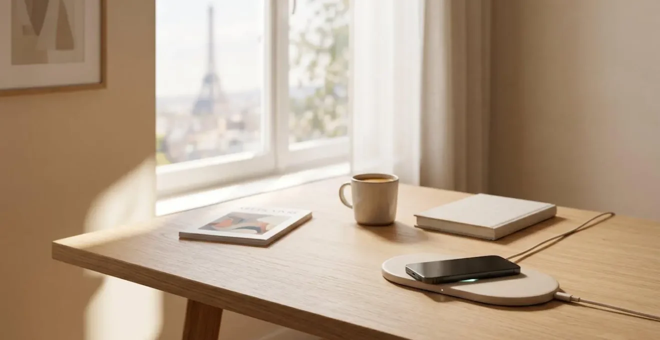 Chargeur sans fil Qi moderne sur bureau avec smartphone en charge dans un environnement domestique français