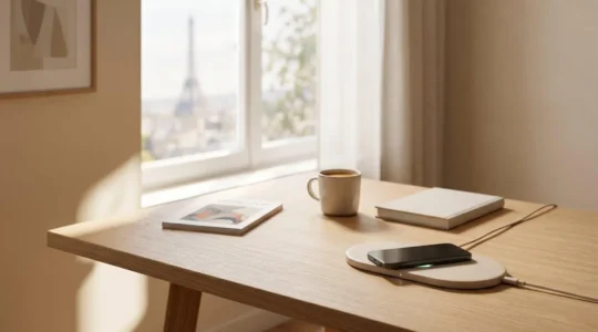 Chargeur sans fil Qi moderne sur bureau avec smartphone en charge dans un environnement domestique français