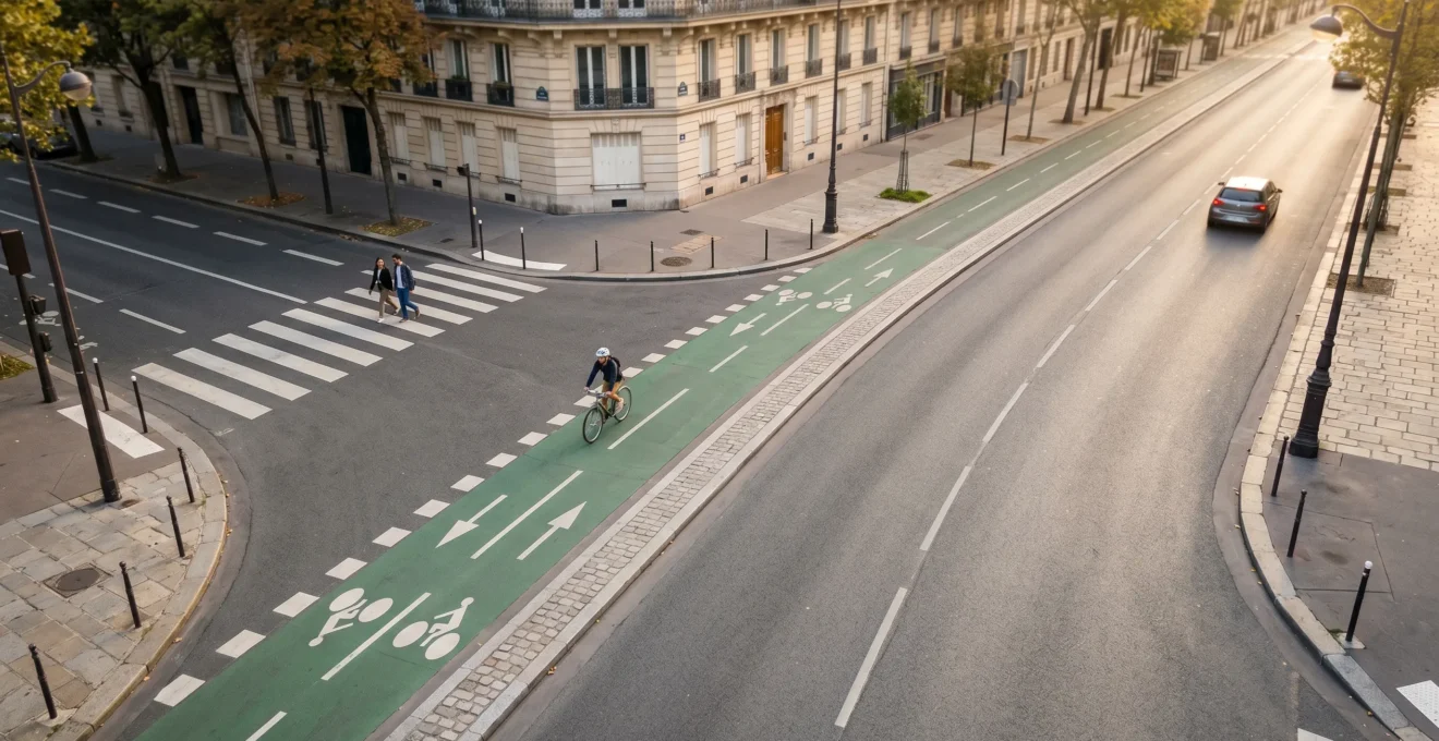 Vue aérienne minimaliste d'une intersection urbaine française montrant trois modes de déplacement distincts avec leurs trajectoires respectives