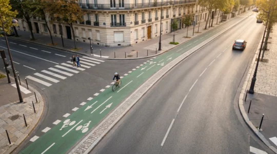 Vue aérienne minimaliste d'une intersection urbaine française montrant trois modes de déplacement distincts avec leurs trajectoires respectives