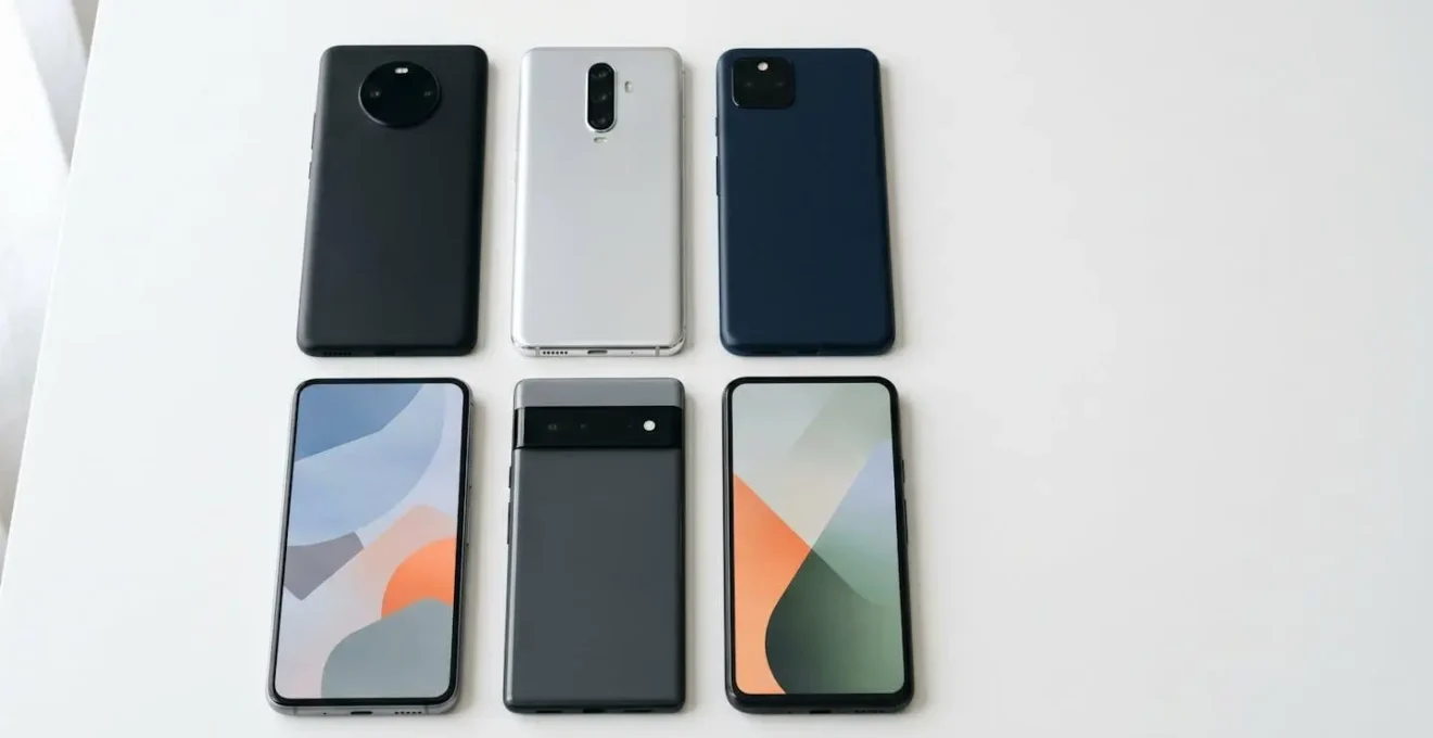 Multitude de smartphones Android contemporains disposés en grille montrant la diversité des choix disponibles sur le marché français