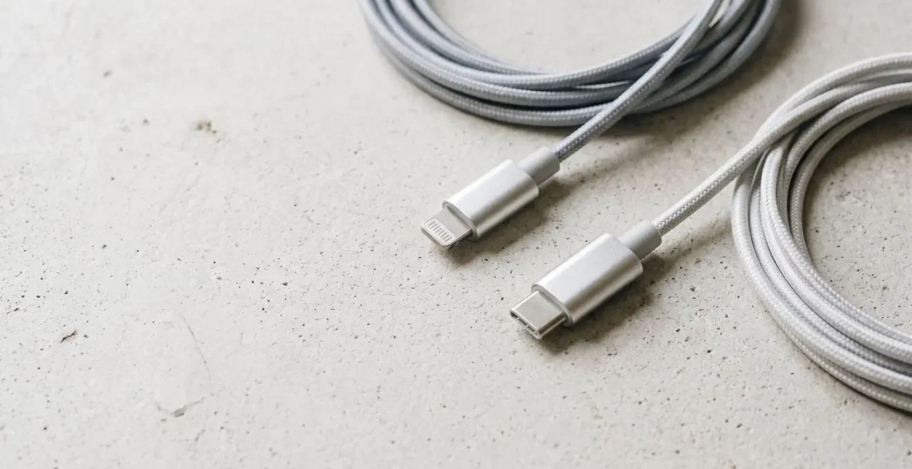 Câbles Lightning et USB-C côte à côte sur une surface minimaliste illustrant la transition technologique Apple
