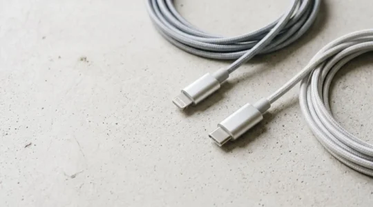Câbles Lightning et USB-C côte à côte sur une surface minimaliste illustrant la transition technologique Apple