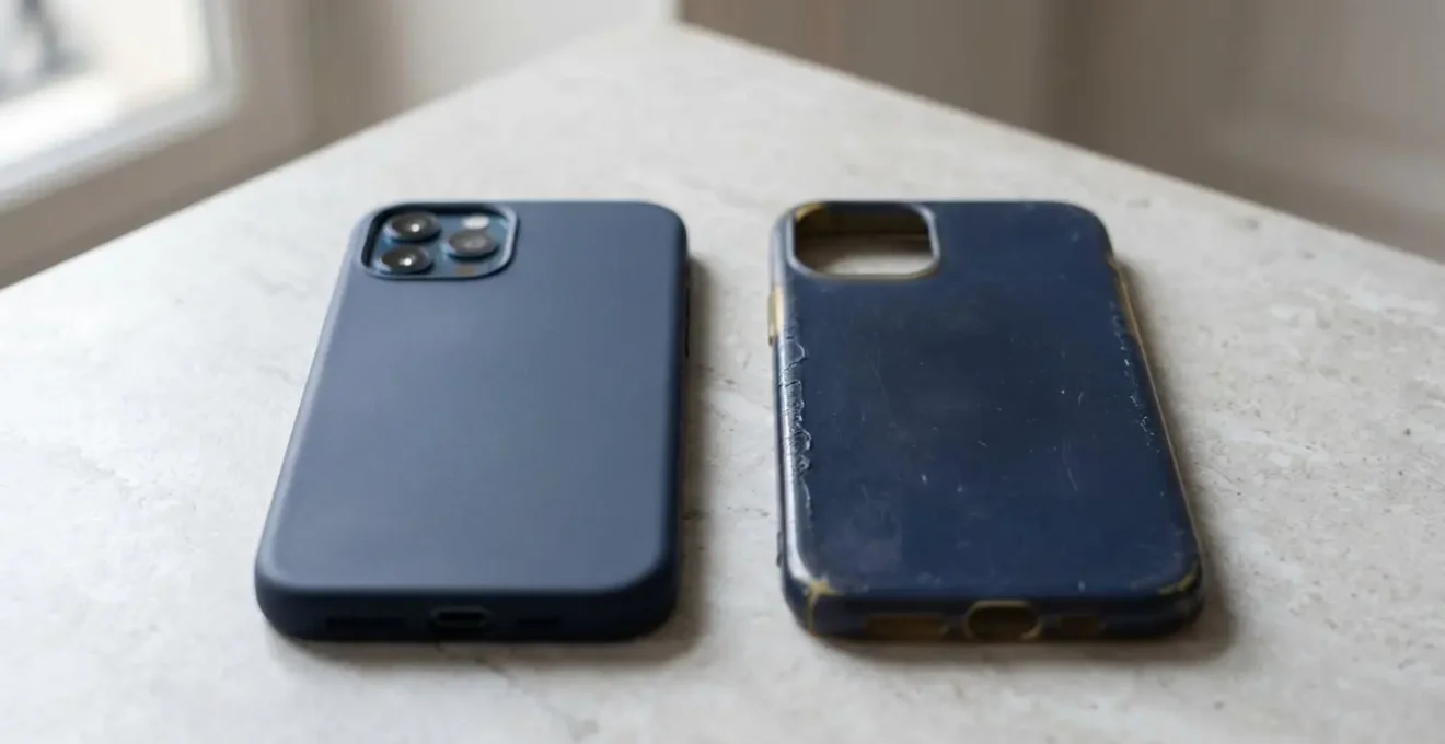 Comparaison visuelle entre une coque en silicone Apple originale et une copie bon marché, mettant en évidence les différences de qualité