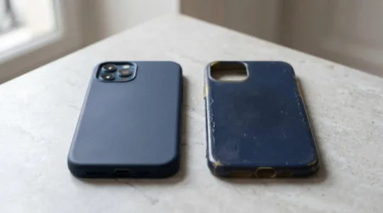 Comparaison visuelle entre une coque en silicone Apple originale et une copie bon marché, mettant en évidence les différences de qualité