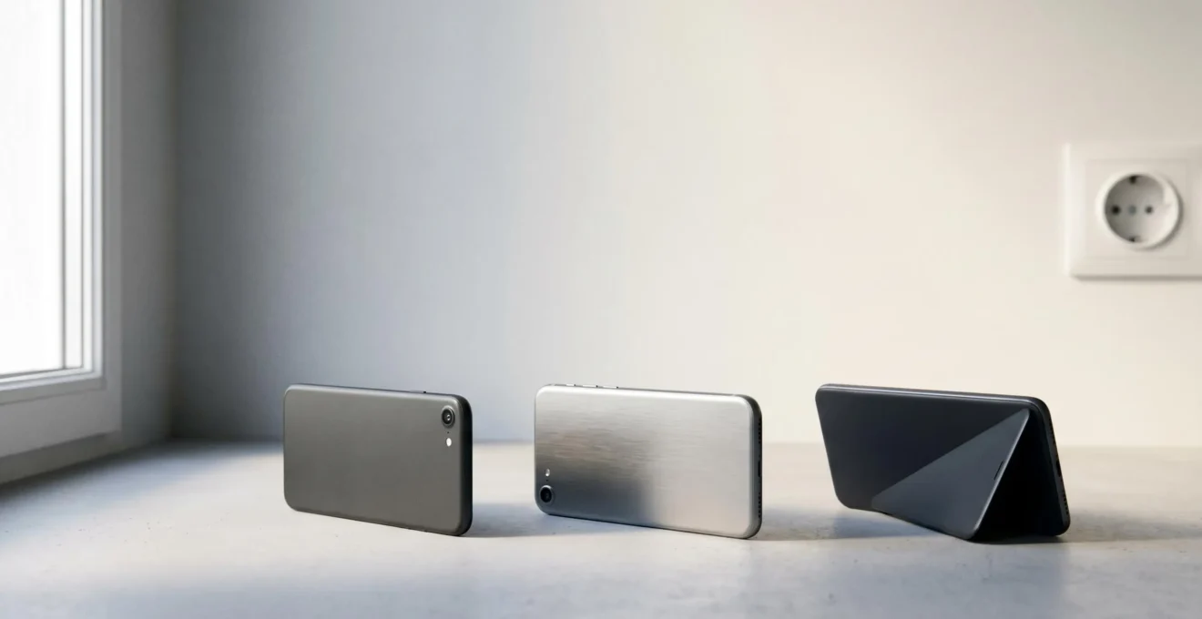 Comparaison visuelle de différents grades de smartphones reconditionnés sur surface minimaliste