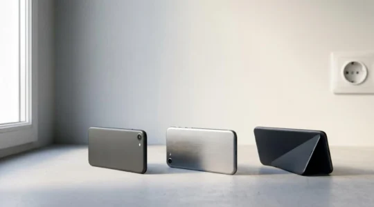 Comparaison visuelle de différents grades de smartphones reconditionnés sur surface minimaliste