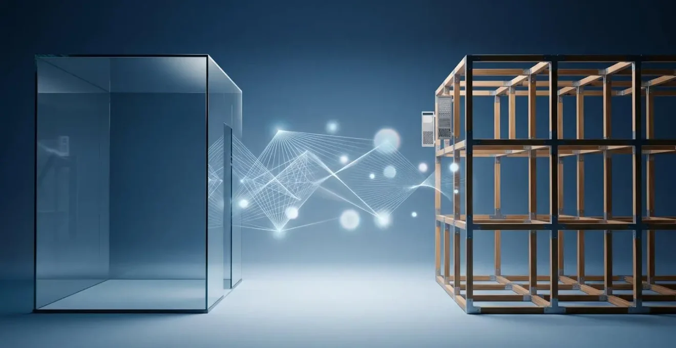 Composition symbolique évoquant la sécurité bancaire mobile entre deux écosystèmes technologiques distincts