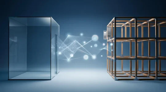 Composition symbolique évoquant la sécurité bancaire mobile entre deux écosystèmes technologiques distincts