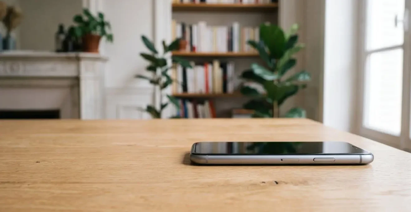 Smartphone iPhone reconditionné posé sur une surface en bois naturel avec un éclairage doux, illustrant l'accessibilité technologique et la consommation responsable