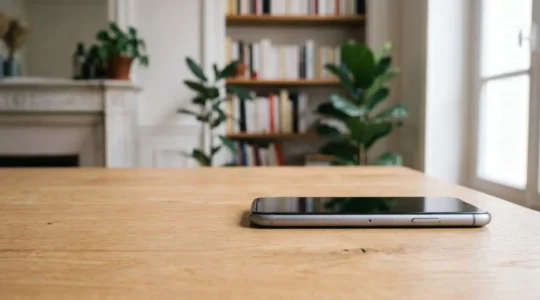 Smartphone iPhone reconditionné posé sur une surface en bois naturel avec un éclairage doux, illustrant l'accessibilité technologique et la consommation responsable
