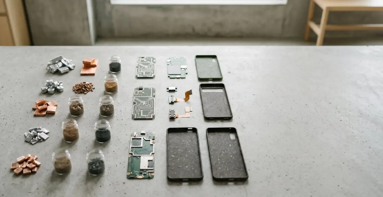 Composants électroniques durables et matériaux recyclés organisés de manière artistique sur fond minimaliste