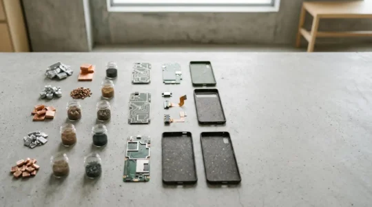 Composants électroniques durables et matériaux recyclés organisés de manière artistique sur fond minimaliste