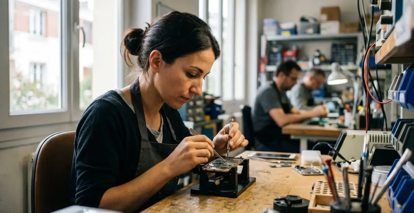 Atelier français de reconditionnement de smartphones avec techniciens en formation
