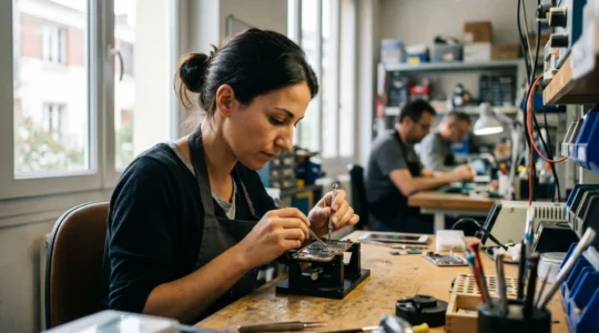 Atelier français de reconditionnement de smartphones avec techniciens en formation