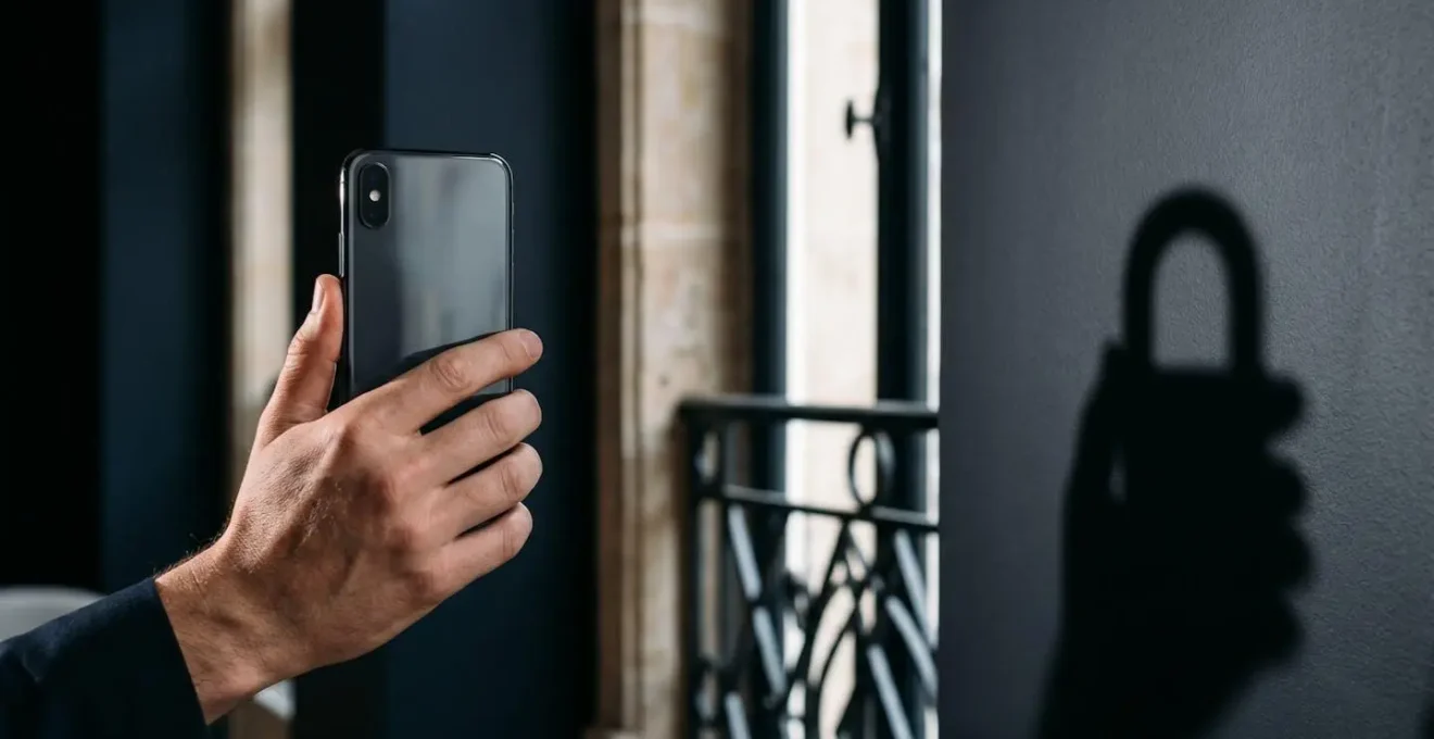 Main tenant un smartphone moderne dans un environnement professionnel sécurisé avec cadenas symbolique
