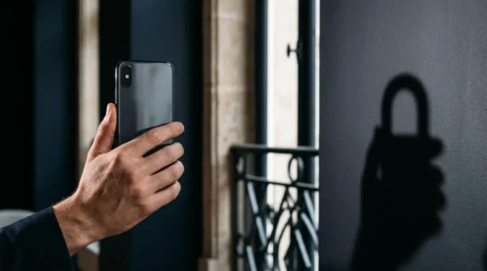 Main tenant un smartphone moderne dans un environnement professionnel sécurisé avec cadenas symbolique