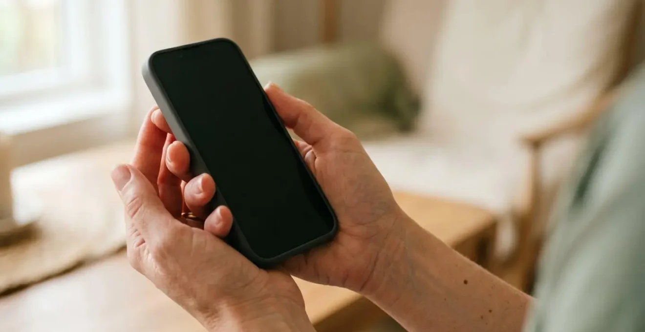 Vue en gros plan d'un smartphone moderne tenu délicatement entre des mains, symbolisant la durabilité et la longévité des appareils technologiques