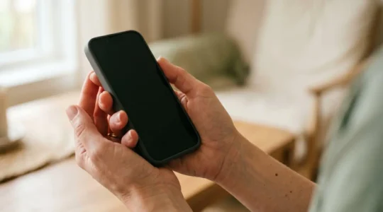 Vue en gros plan d'un smartphone moderne tenu délicatement entre des mains, symbolisant la durabilité et la longévité des appareils technologiques