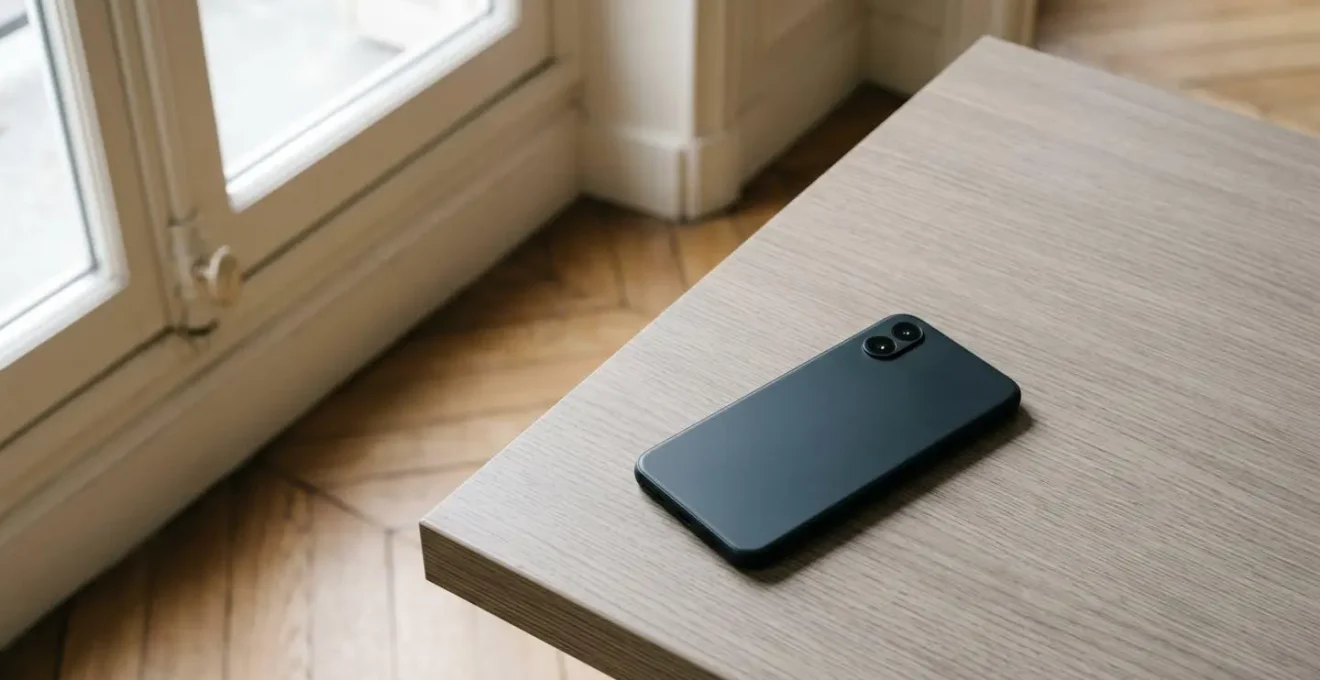 Smartphone économique moderne posé sur une surface minimaliste illustrant le rapport qualité-prix