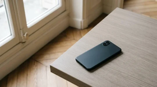 Smartphone économique moderne posé sur une surface minimaliste illustrant le rapport qualité-prix