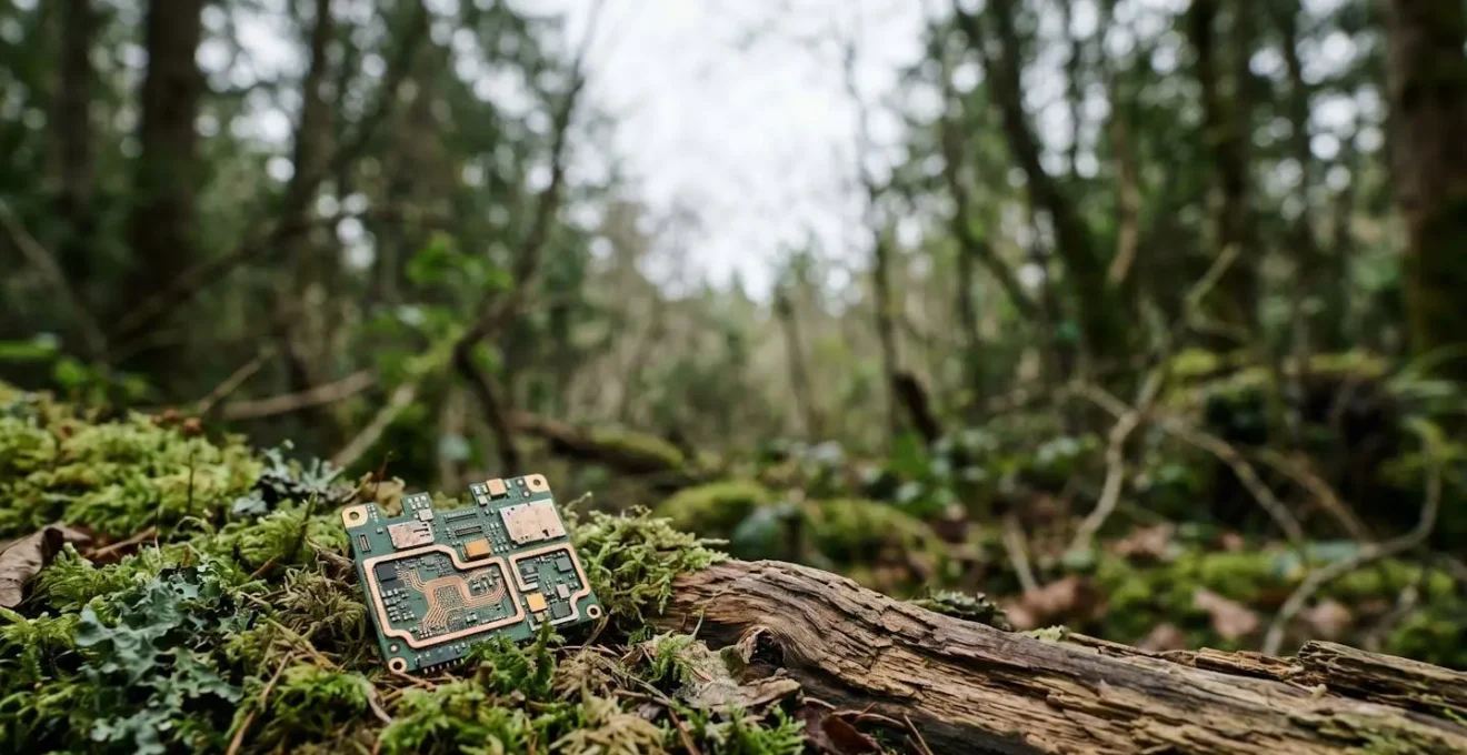 Composition minimaliste montrant des éléments naturels et technologiques en harmonie pour illustrer la recherche d'un smartphone écoresponsable