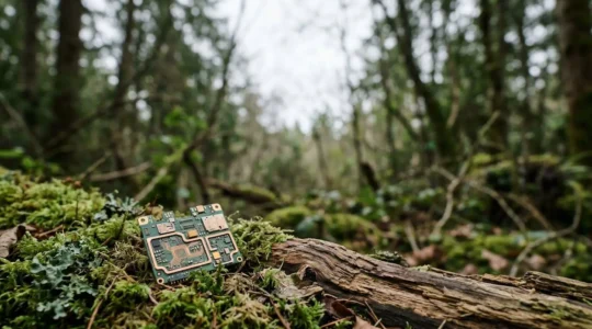 Composition minimaliste montrant des éléments naturels et technologiques en harmonie pour illustrer la recherche d'un smartphone écoresponsable