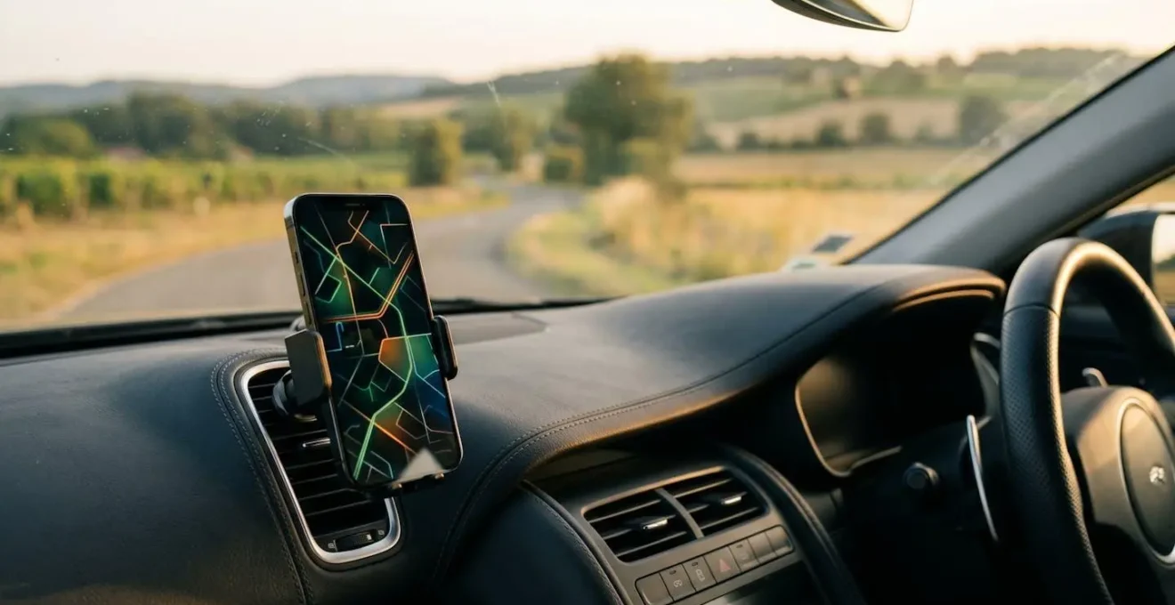 Smartphone fixe sur support voiture utilise pour navigation GPS professionnelle