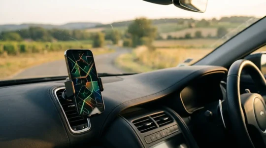 Smartphone fixe sur support voiture utilise pour navigation GPS professionnelle