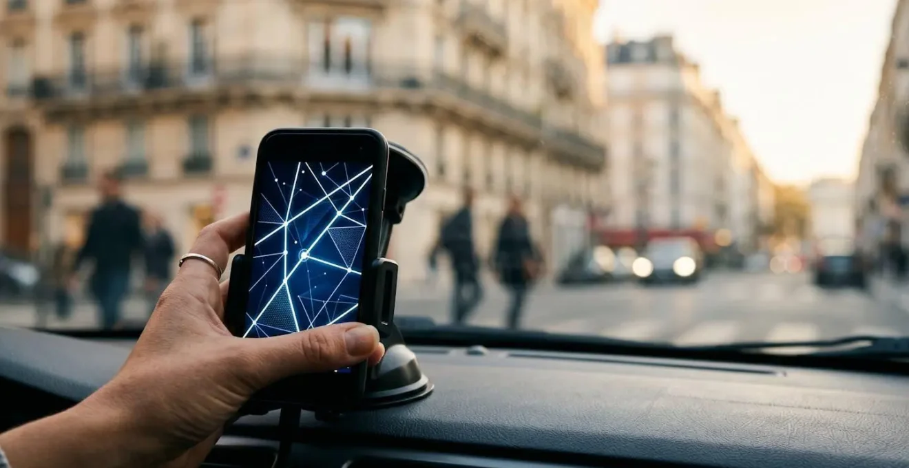 Main tenant un smartphone affichant une interface de navigation GPS en mouvement
