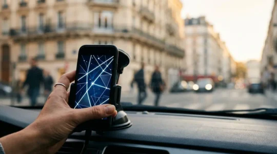 Main tenant un smartphone affichant une interface de navigation GPS en mouvement
