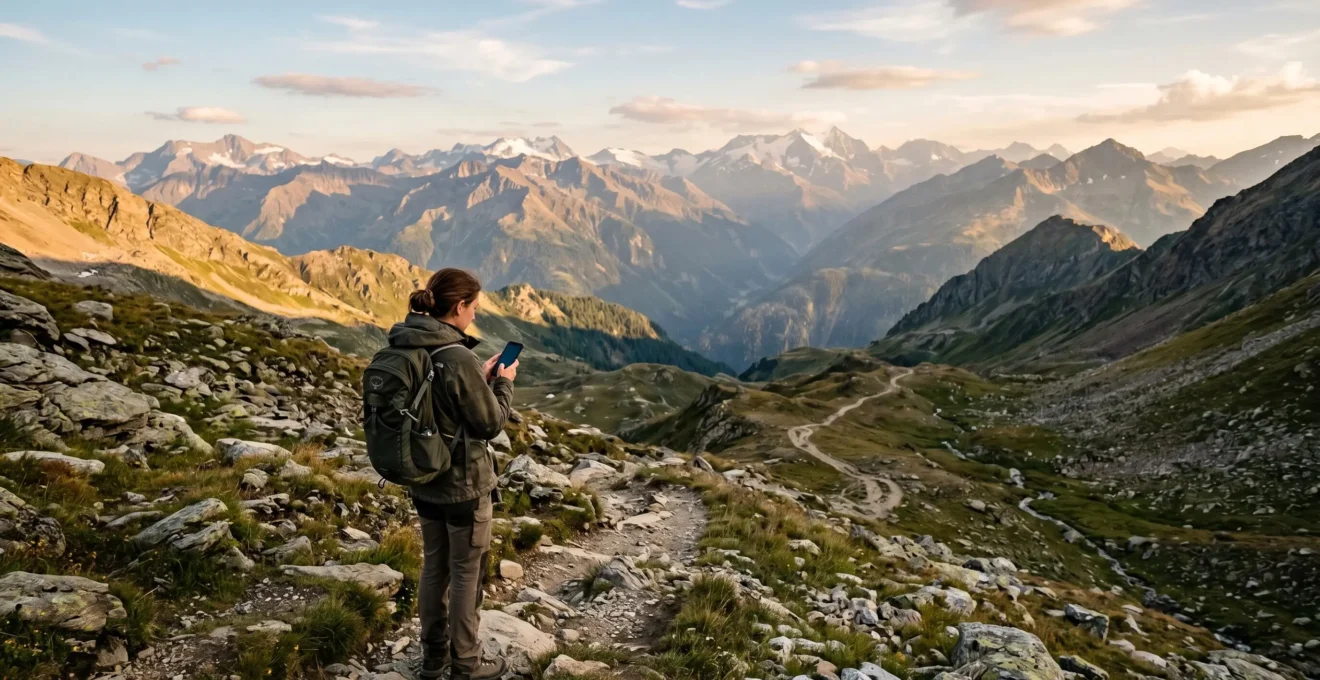 Voyageur utilisant son smartphone en navigation GPS dans un environnement naturel sans couverture reseau