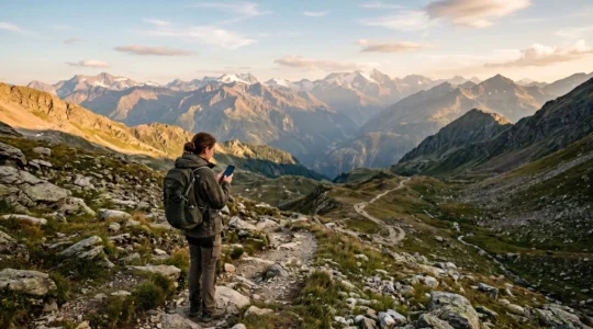 Voyageur utilisant son smartphone en navigation GPS dans un environnement naturel sans couverture reseau