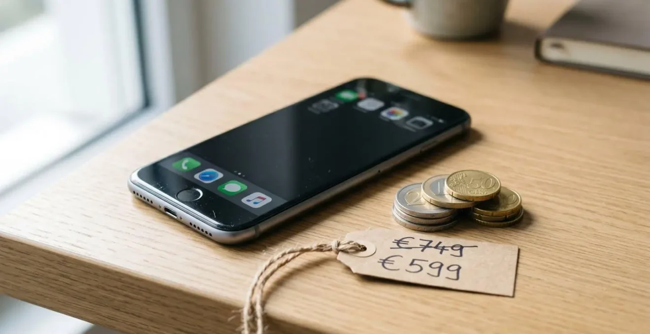 Smartphone reconditionné présentant de légères imperfections esthétiques posé sur une surface neutre avec des éléments symbolisant l'économie réalisée