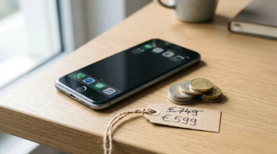 Smartphone reconditionné présentant de légères imperfections esthétiques posé sur une surface neutre avec des éléments symbolisant l'économie réalisée