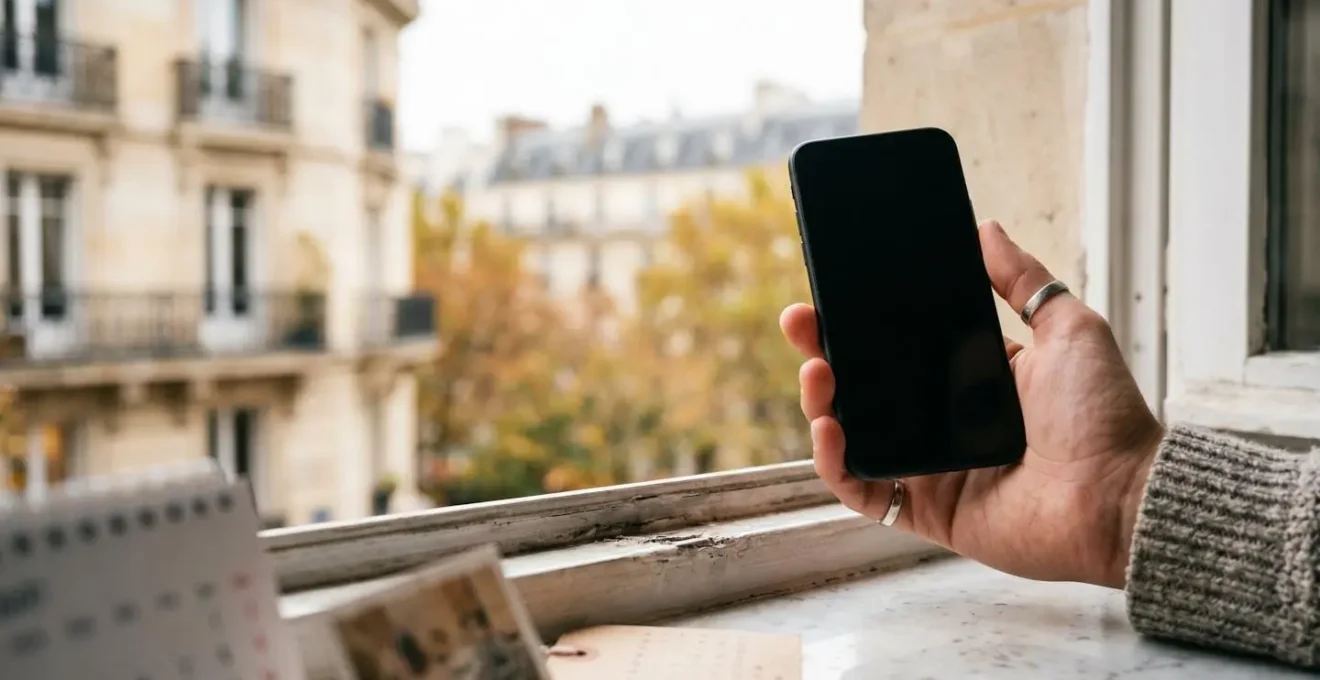 Main tenant un smartphone reconditionné avec calendrier et symbole d'économie en arrière-plan