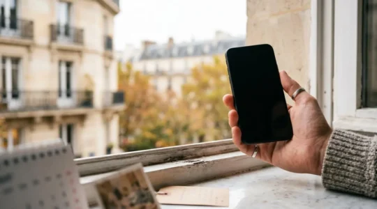 Main tenant un smartphone reconditionné avec calendrier et symbole d'économie en arrière-plan