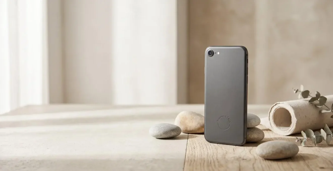Smartphone reconditionné sur fond minimaliste illustrant la réduction de l'empreinte carbone