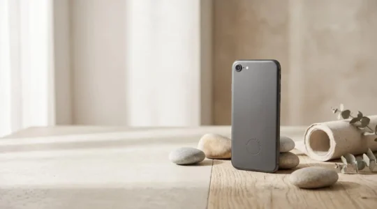 Smartphone reconditionné sur fond minimaliste illustrant la réduction de l'empreinte carbone
