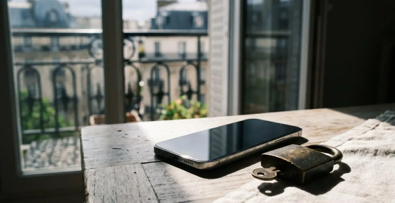 Smartphone moderne sur une surface minimaliste avec des éléments visuels évoquant la protection et la localisation