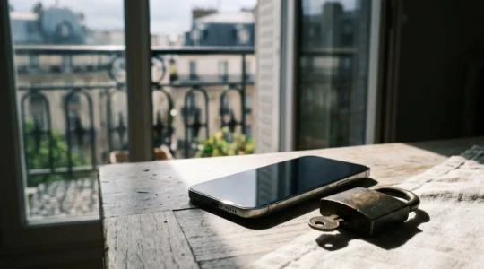 Smartphone moderne sur une surface minimaliste avec des éléments visuels évoquant la protection et la localisation