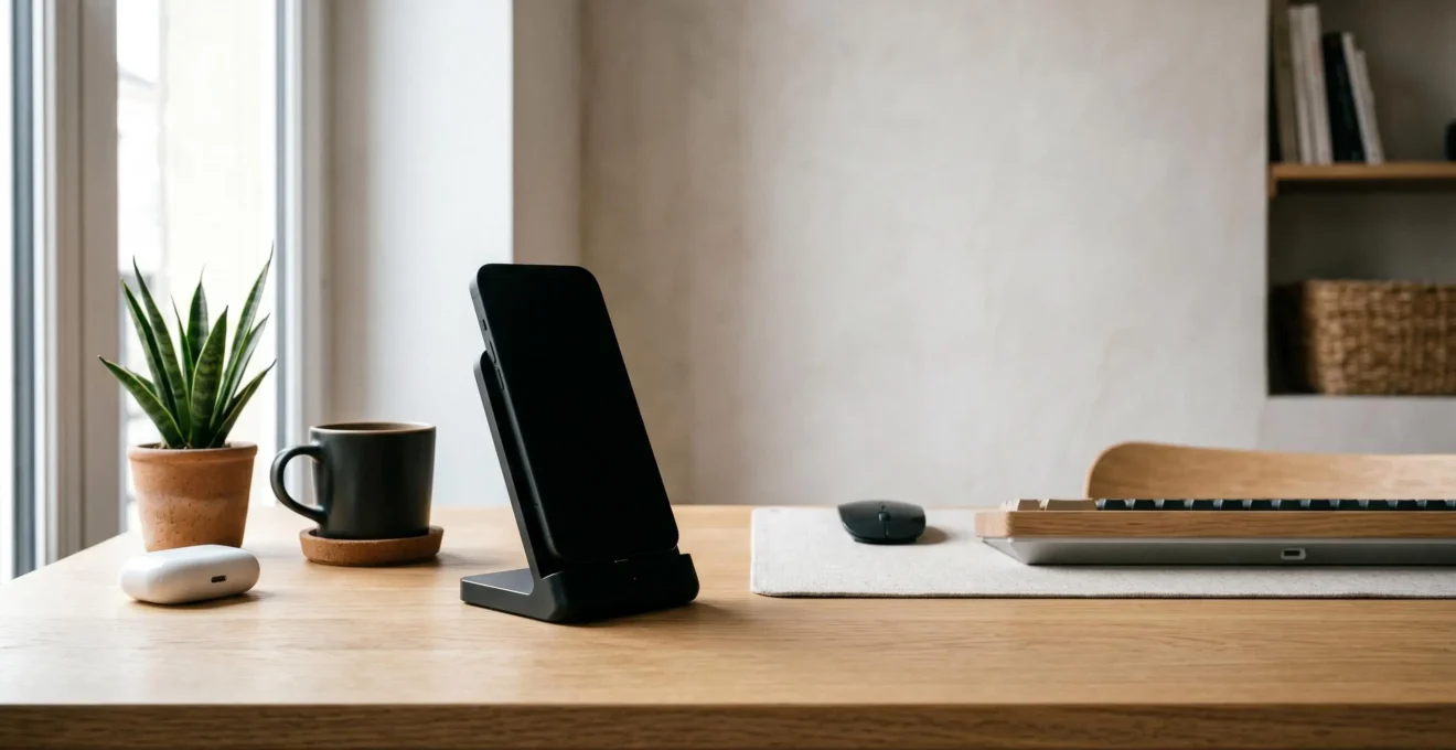 Station d'accueil iPhone Lightning Dock sur bureau minimaliste avec lumière naturelle