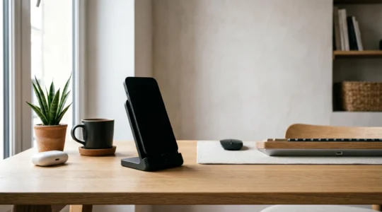 Station d'accueil iPhone Lightning Dock sur bureau minimaliste avec lumière naturelle