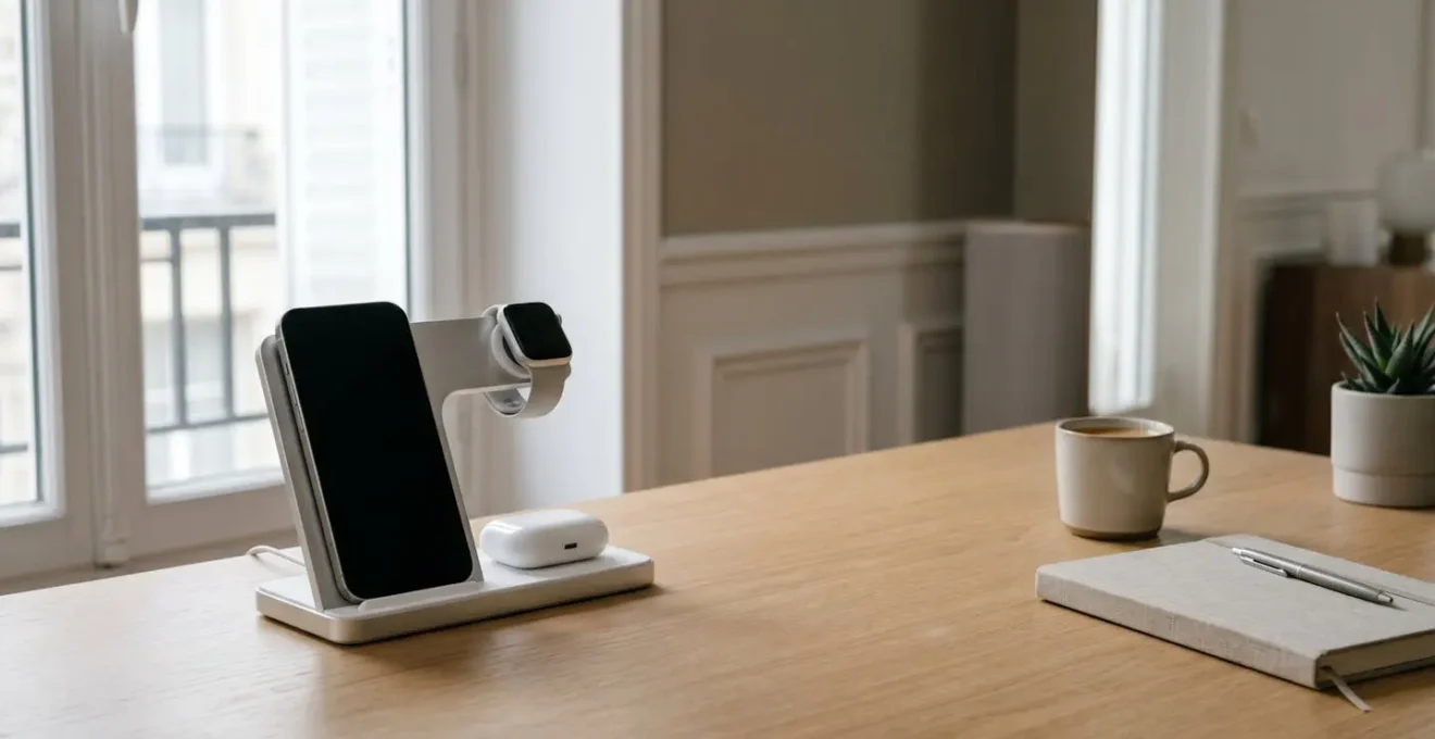 Station de charge sans fil trois appareils sur bureau contemporain avec smartphone et accessoires