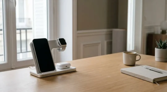 Station de charge sans fil trois appareils sur bureau contemporain avec smartphone et accessoires