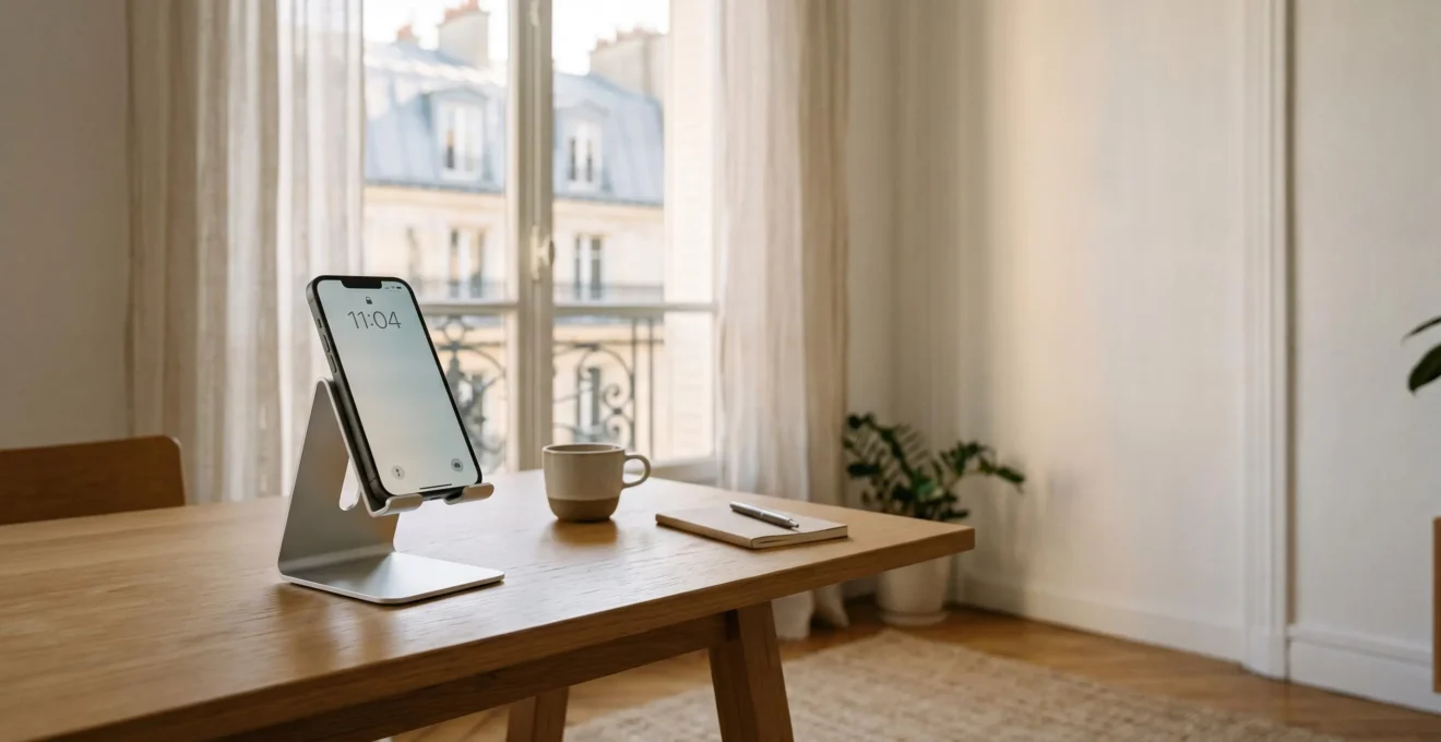 Support de smartphone en aluminium posé sur un bureau avec une fenêtre lumineuse en arrière-plan, angle ergonomique optimal pour prévenir les douleurs cervicales