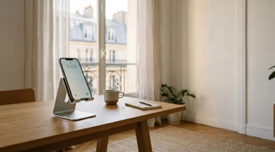 Support de smartphone en aluminium posé sur un bureau avec une fenêtre lumineuse en arrière-plan, angle ergonomique optimal pour prévenir les douleurs cervicales
